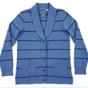 Orvis Women's Large Blue Striped Shawl Collar Cardigan Button Front Cozy Sweater